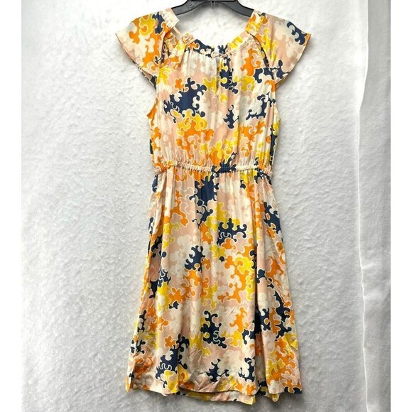 Vanessa Virginia Dress Women's Sz 2 Orange Floral Keyhole Short Sleeve 100% Silk - Picture 2 of 11